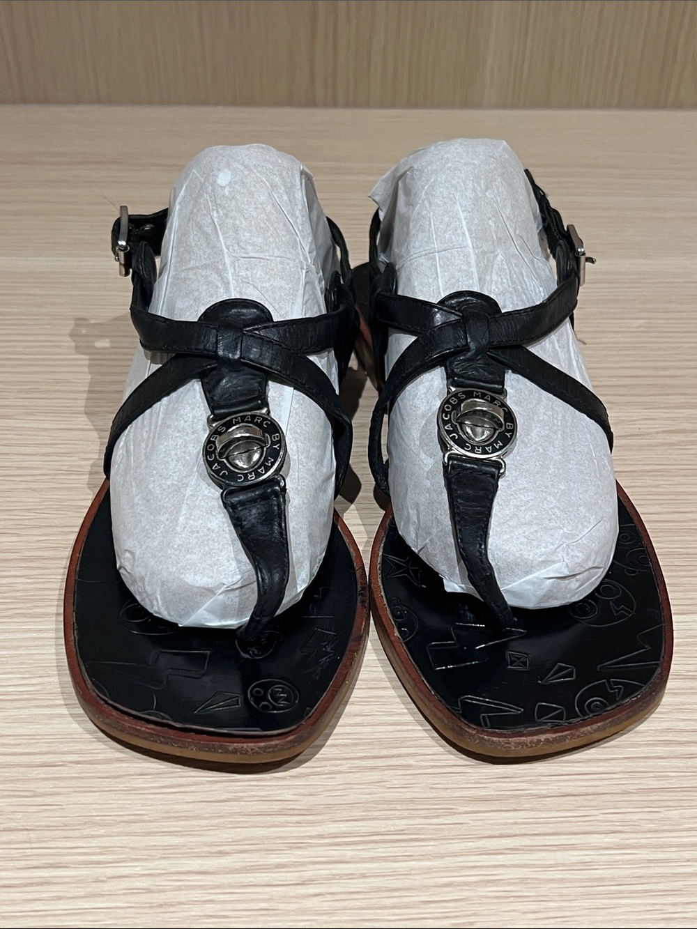Marc By Marc Jacobs Black Leather T-Strap Sandals with Logo Accent